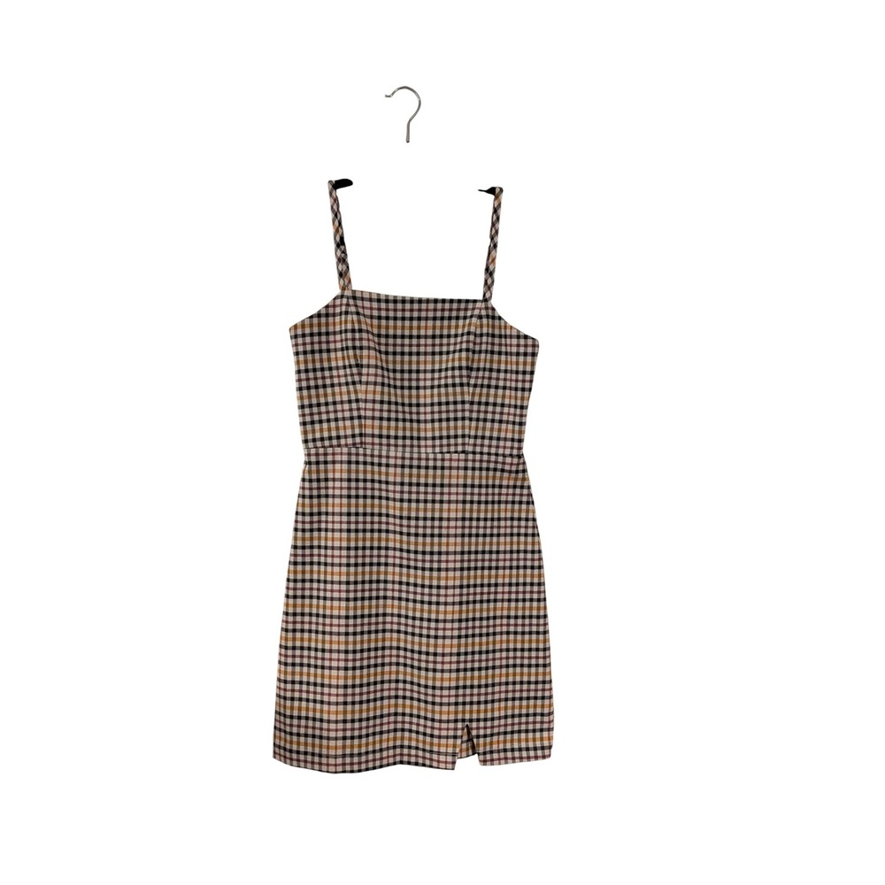 GB Plaid Mini Dress Womens Small Multi Color Square Neck Adjustable Straps Slit